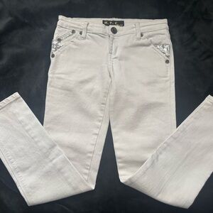 Y2K H.F.C White Embellished Jeans w/ Sequins & Embroidered Crest - Rare Designer